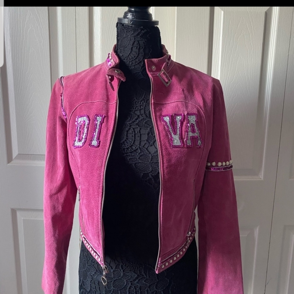 ❤HOST PICK❤ RARE Sexy Wilson's Suede Jacket diva pink fuchsia pearl rhinestone